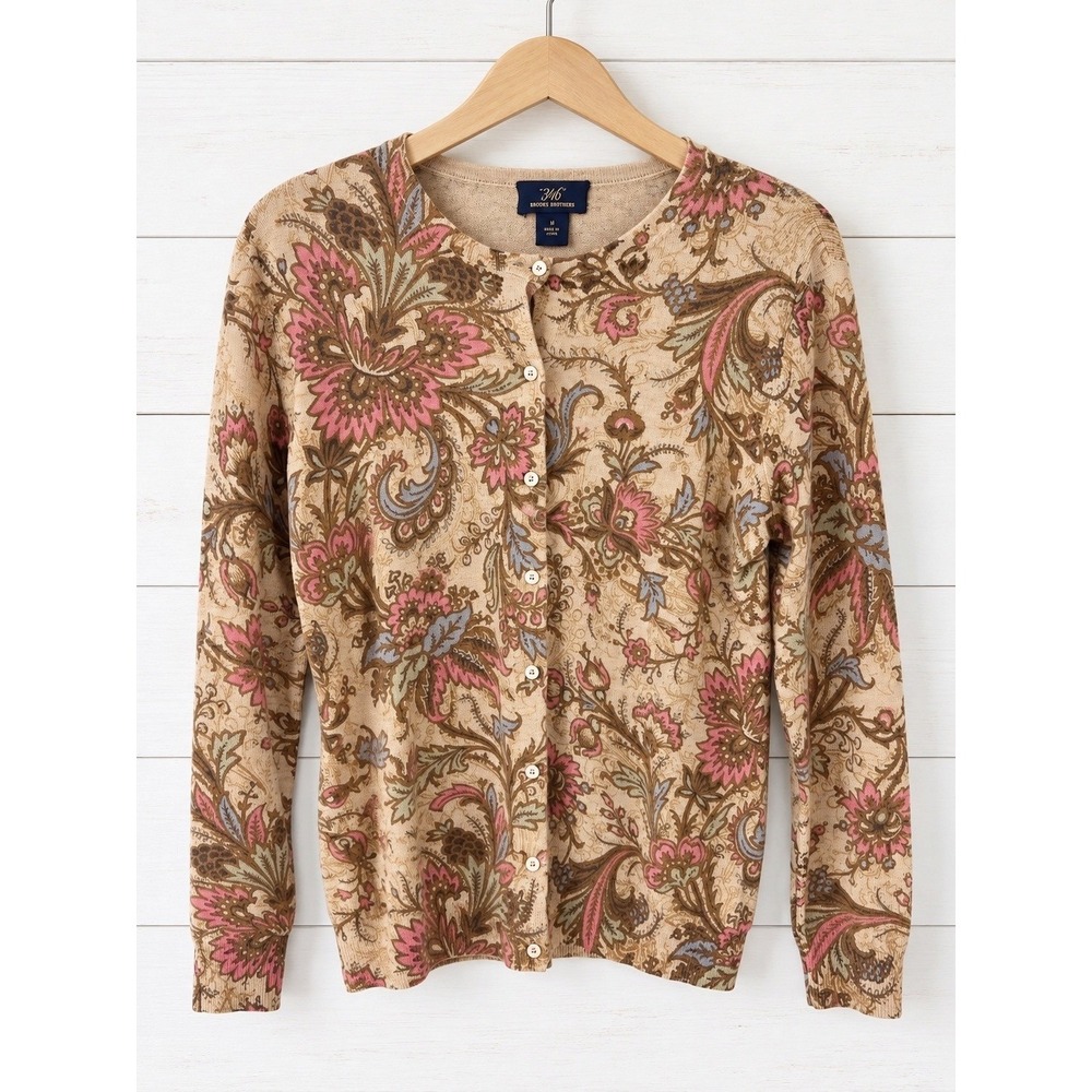 Brooks Brothers Medium 346 Merino Wool Paisley Floral Cardigan Sweater Tan Pink